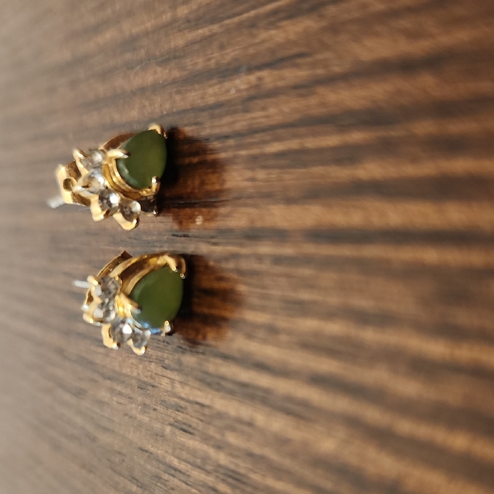 Gold-Plated Green Teardrop Stud Earrings with Clear Accent Stones